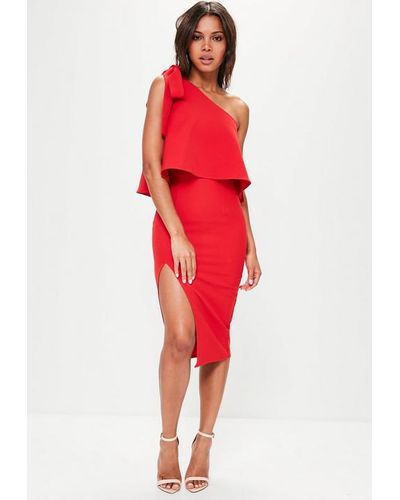 missguided one shoulder bow sleeve midi dress
