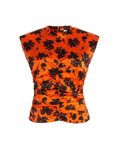 Ganni Ruched Floral Stretch-silk Top in Print (Orange) - Lyst