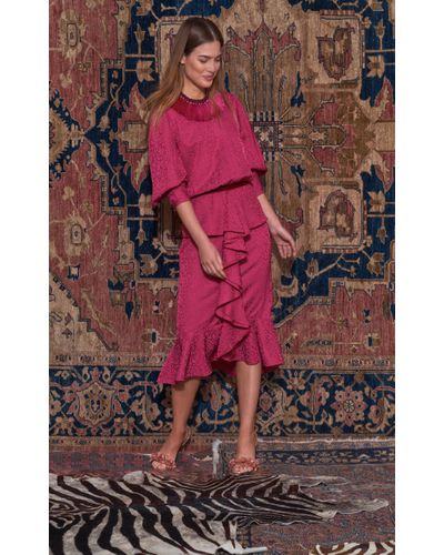 Johanna Ortiz Synthetic Harlem Renaissance Ruffled Crepe Midi Dress in Pink - Lyst