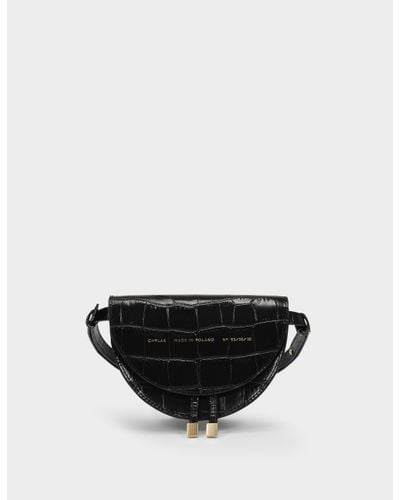 Chylak Mini Saddle Bag In Glossy Black Croc Embossed Leather
