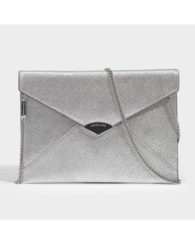 MICHAEL Michael Kors Barbara Large Soft Envelope Clutch In Silver Metallic Calfskin - Grey