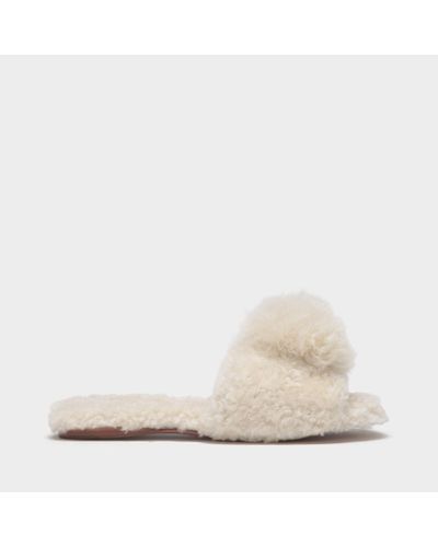 Aquazzura Foxy Slides Shoes In Beige Shearling - Natural