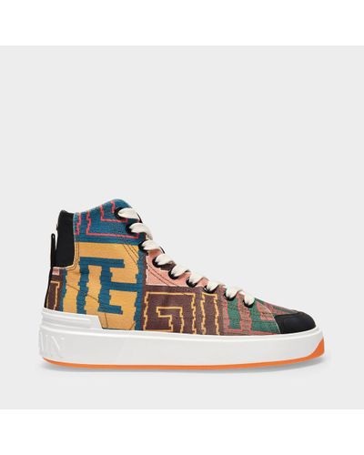 Balmain B Court High Top-canvas Printed Tapestry Multicolore Trainers - Blue