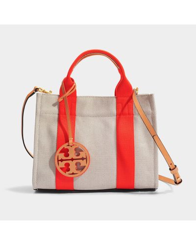 Tory Burch Miller Canvas Mini Tote Bag In Natural And Poppy Red Canvas