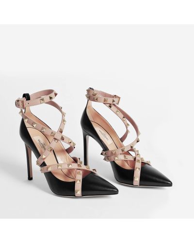 Valentino Rockstud Pointed Pumps With Ankle Strap In Black And 