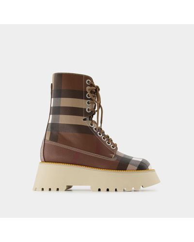 Burberry Exaggerated Check Leatherette Platform Boots - Brown