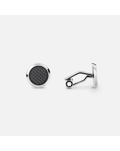 Montblanc Cufflinks, Round In Stainless Steel With Carbon-patterned Inlay - Cufflinks - Metallic