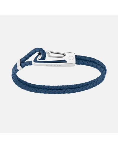 Montblanc Bracelet In Woven Blue Leather With Steel Carabiner Closure And Blue Lacquer Inlay