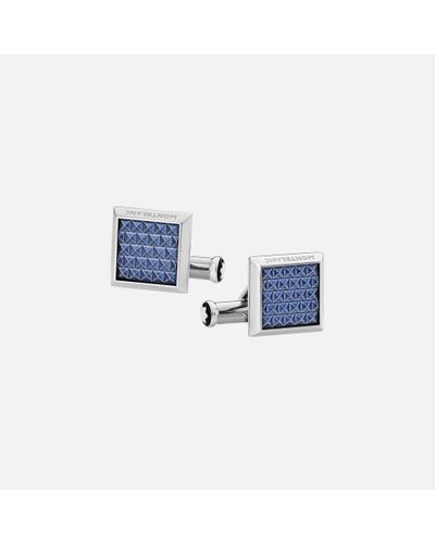 Montblanc Rectangular Cufflinks In Stainless Steel With Blue Patterned Inlay