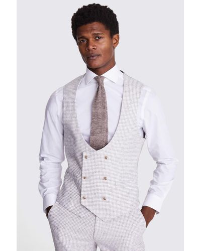 Moss Tailored Fit Taupe Houndstooth Waistcoat - White