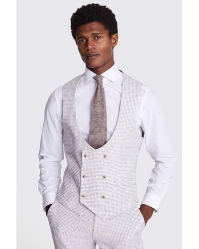 Moss Tailored Fit Taupe Houndstooth Waistcoat - White