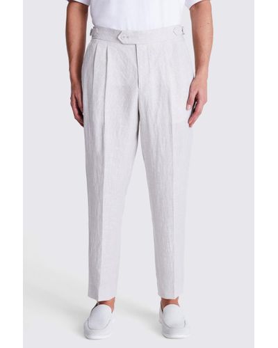 Moss Stone Puppytooth Linen Pleated Trousers - Natural
