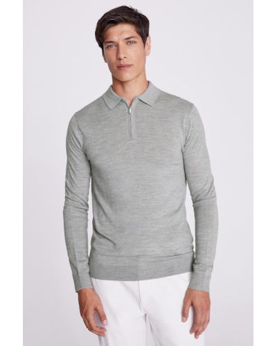 Moss Light Merino Zip-Neck Polo Shirt - Grey