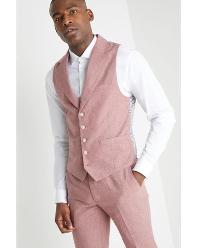 Moss London Slim Fit Pink Herringbone Tweed Waistcoat