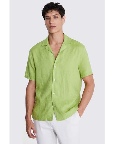 Moss Tailored Fit Acid Linen Cuban Collar Shirt - Green