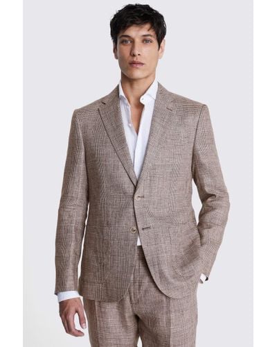 Moss Slim Fit Check Linen Suit Jacket - Brown