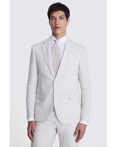 Moss Slim Fit Stone Puppytooth Linen Suit Jacket - White