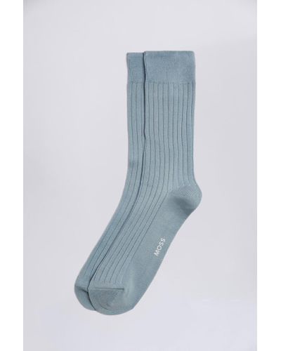 Moss Pale Fine Ribbed Socks - Blue