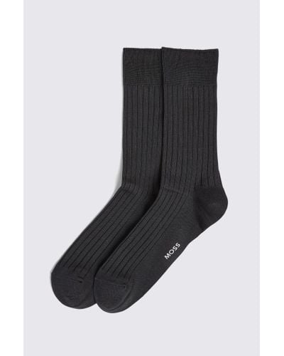 Moss Charcoal Fine Ribbed Socks - Black