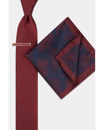 Moss Wine Floral Tie, Hank & Tie Bar Set - Red