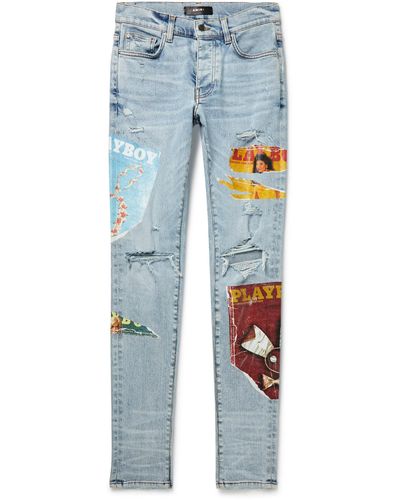 Amiri Playboy Skinny-fit Distressed Printed Stretch-denim Jeans in Blue ...
