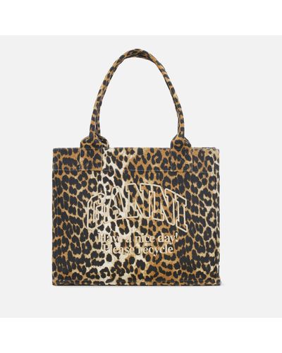Ganni Easy Leopard-print Cotton-canvas Large Shopper Bag - Metallic