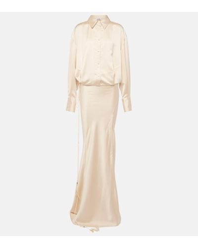 The Attico Feather-trimmed Satin Gown - Natural