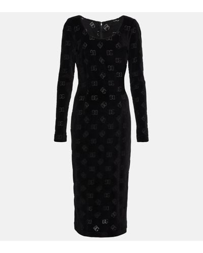 Dolce & Gabbana Robe midi en velours a logo - Noir