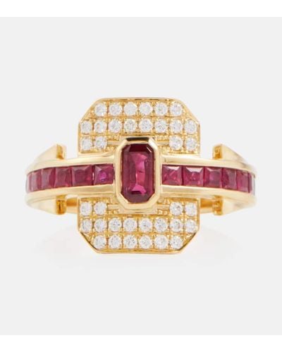 Rainbow K Shield 18kt Gold Ring With Diamonds And Rubies - Pink