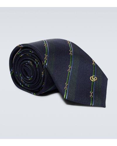 Gucci 7cm Embroidered Striped Silk-jacquard Tie - Blue