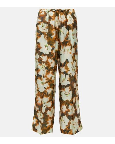 Dries Van Noten Pantalones anchos de seda floral - Metálico