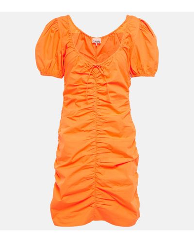 Ganni Ruched Cotton Poplin Minidress - Orange