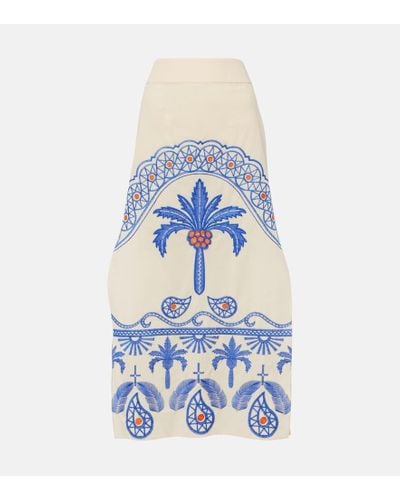 Johanna Ortiz Embroidered Cotton Midi Skirt - Blue