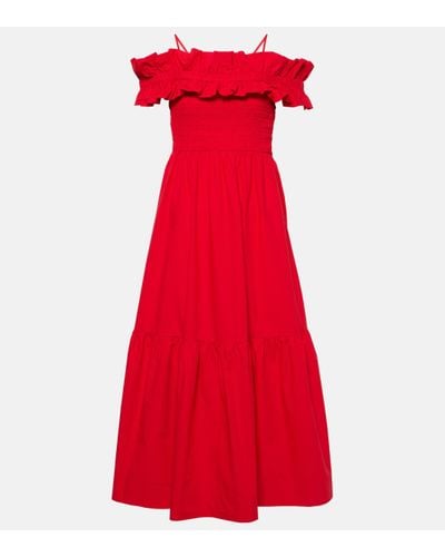 Ganni Ruched Cotton Poplin Midi Dress - Red