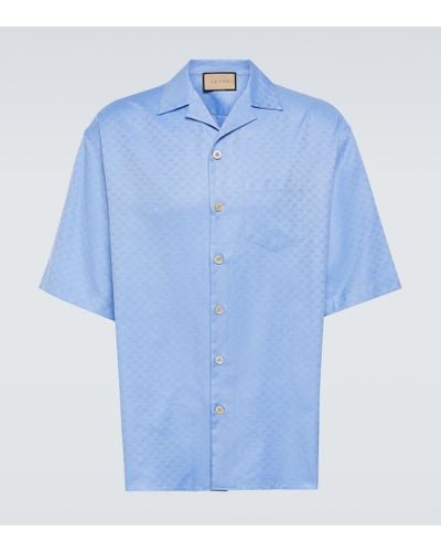 Gucci Camp-collar Logo-jacquard Cotton-twill Shirt - Blue