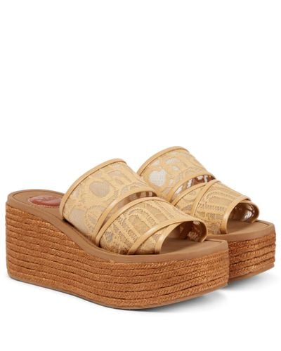 Chloé Woody Lace Wedge Espadrille Sandals - Brown