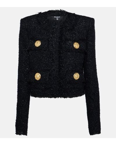 Balmain Cropped-Jacke aus Tweed - Blau