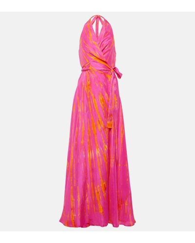 Anna Kosturova Halterneck Silk Satin Wrap Dress - Pink