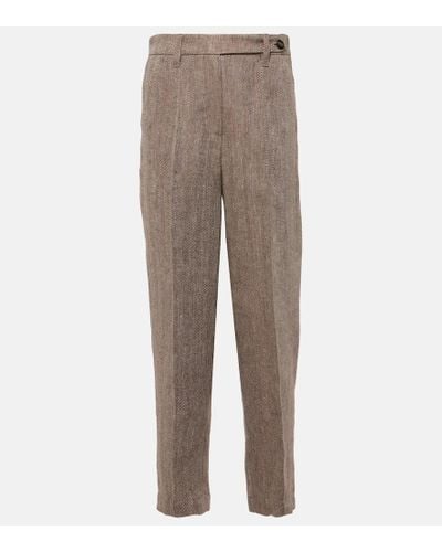 Brunello Cucinelli Pantalones tapered de lino espigados - Gris