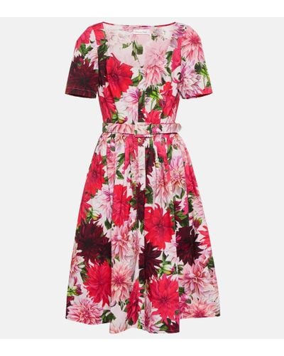 Oscar de la Renta Vestido midi floral con cuello redondo - Rojo