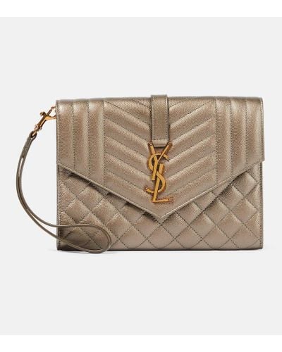 Saint Laurent Envelope Quilted Textured-leather Pouch - Natural