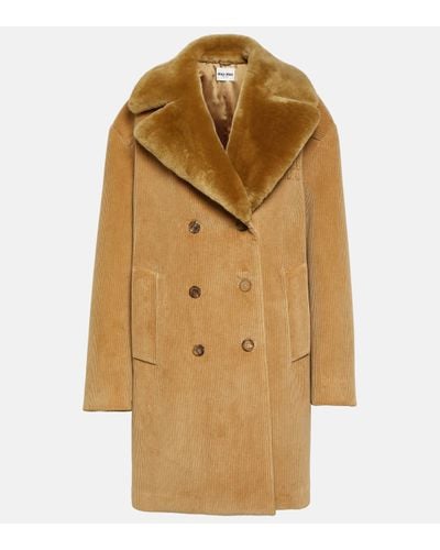 Miu Miu Shearling-trimmed Corduroy Coat - Natural