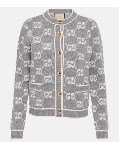 Gucci Cardigan Aus Wollbouclé Mit GG Jacquard - Grau