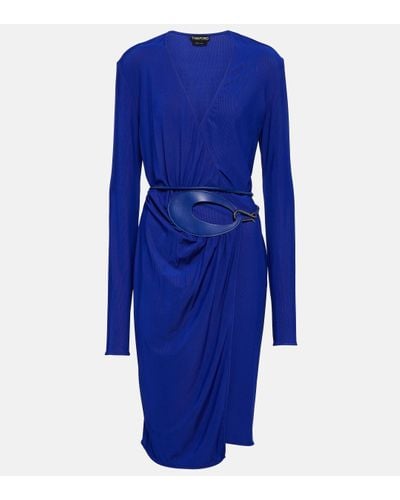 Tom Ford Leather-trimmed Wrap Dress - Blue