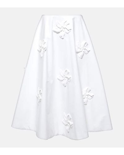 Valentino Falda midi de popelin de algodon con apliques florales - Blanco