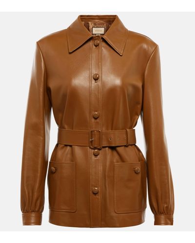 Gucci Belted Leather Jacket - Brown