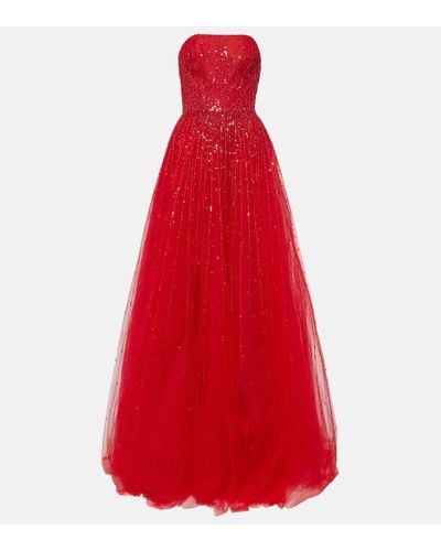 Monique Lhuillier Embellished Tulle Gown - Red
