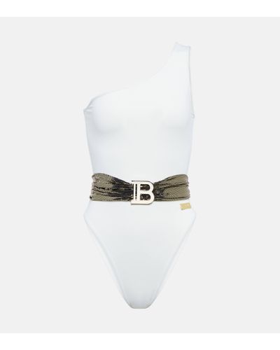 Balmain Sequined One-shoulder Swimsuit - White
