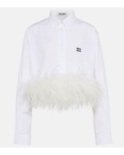 Miu Miu Camisa de popelin de algodon con plumas - Blanco