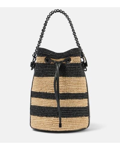 Rabanne Mini Striped Raffia Bucket Bag - Black